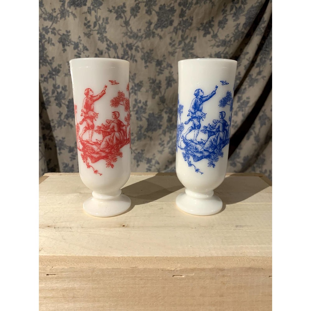 2 Avon Milk Glass Footed Toile Demitasse Cups Vintage